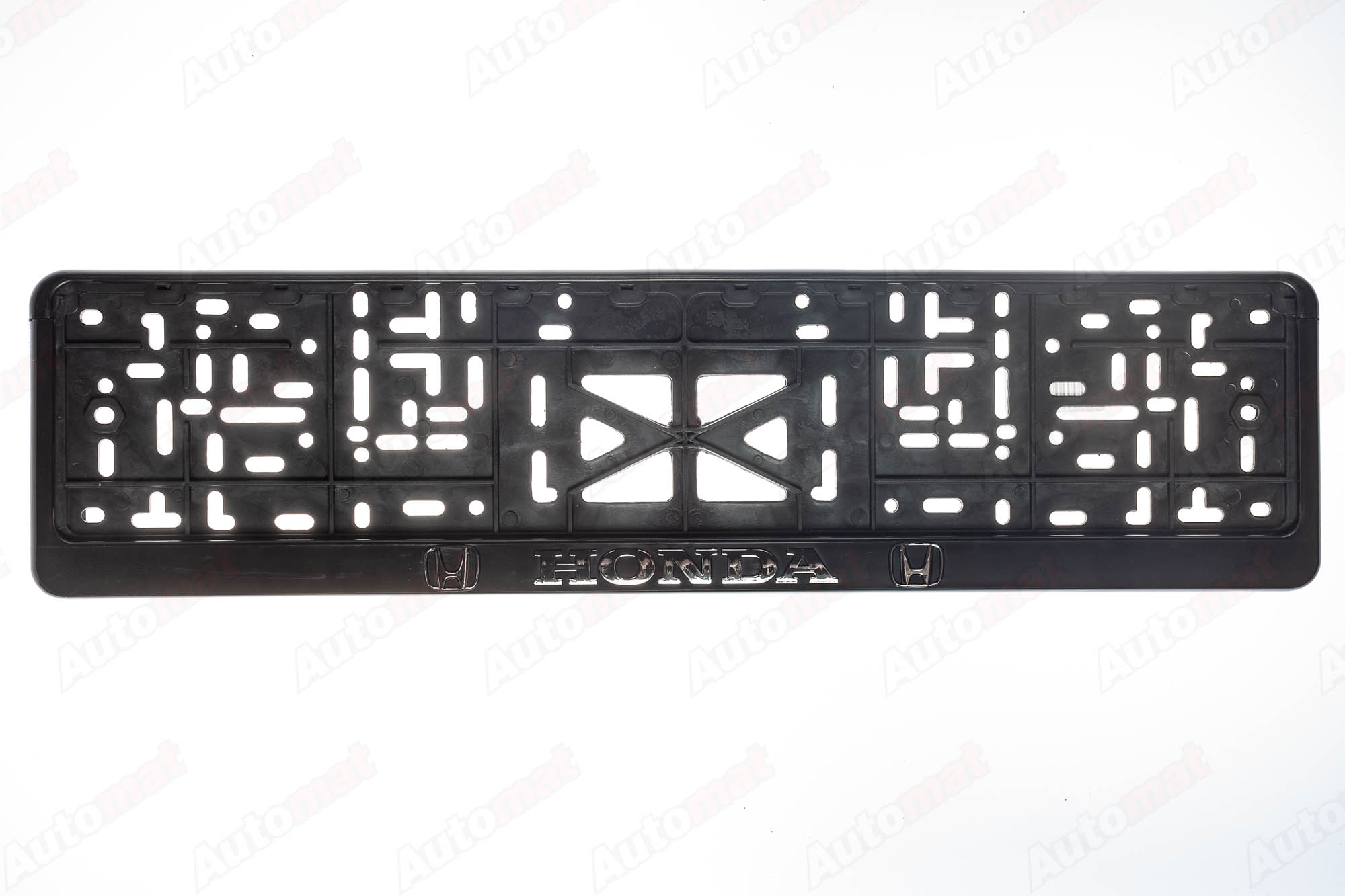 Рамка номера пластмасовая, с защелкой, тиснение Серебром HONDA (черная)